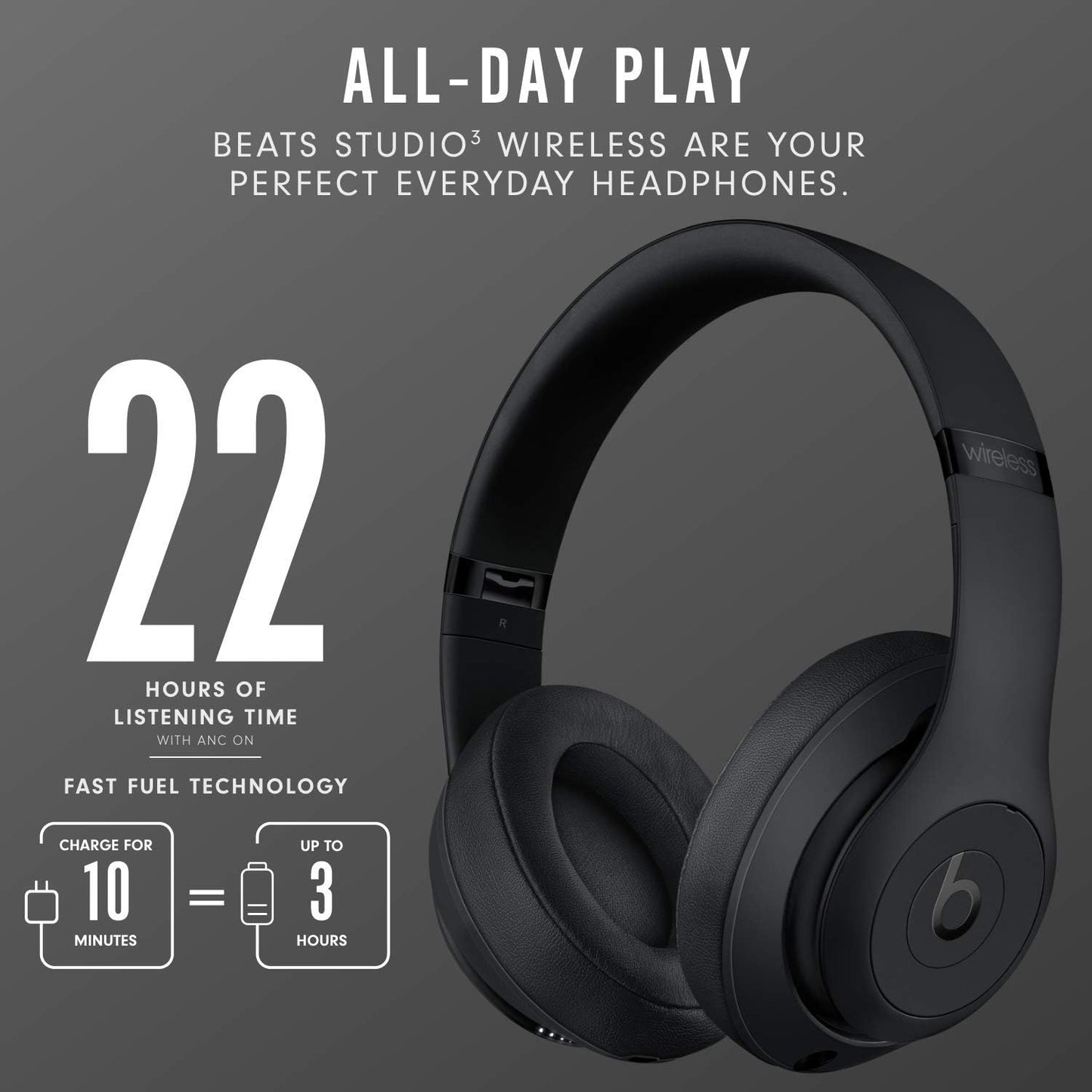 Beats Studio3 Wireless Noise Cancelling Over-Ear Headphones - Apple W1 Headphone Chip, Class 1 Bluetooth, Active Noise Cancelling, 22 Hours of Listening Time - Matte Black