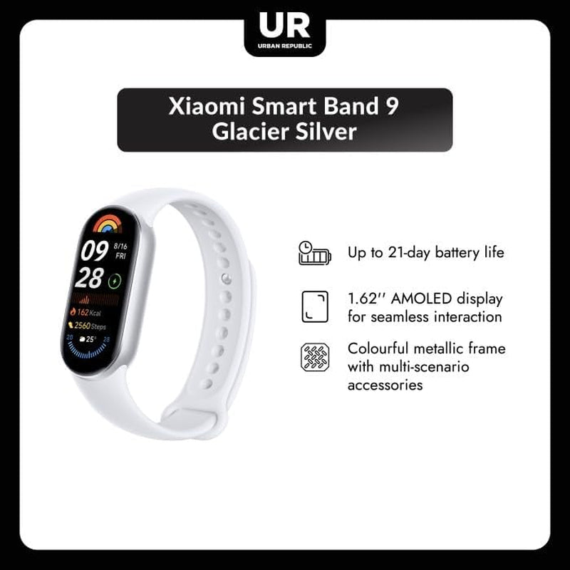 Xiaomi Smart Band 9 Fitness Tracker, AMOLED Display with 1200 Nits, Sp02 Tracking, Sleep and Heart Rate Monitor, Notifications, 5ATM Waterproof, Mi Fit App, Glacier Silver