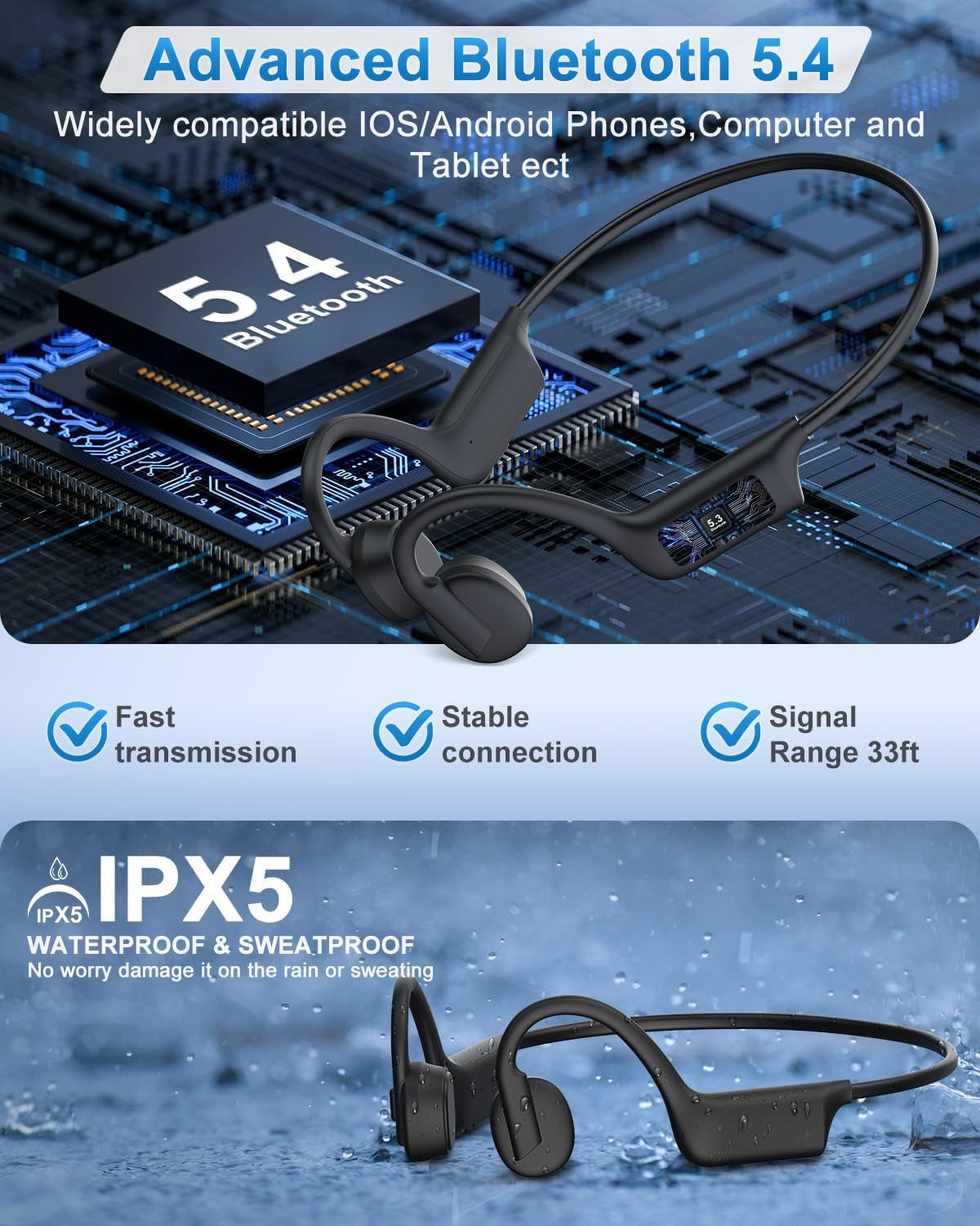Bone Conduction Headphones, Open Ear Headphones Wireless Bluetooth 5.4 Headphones with Mic, Waterproof Earphones Sports Headset for Running Cycling Fitness Gym Workout Walking Hiking,Usb-C Charge