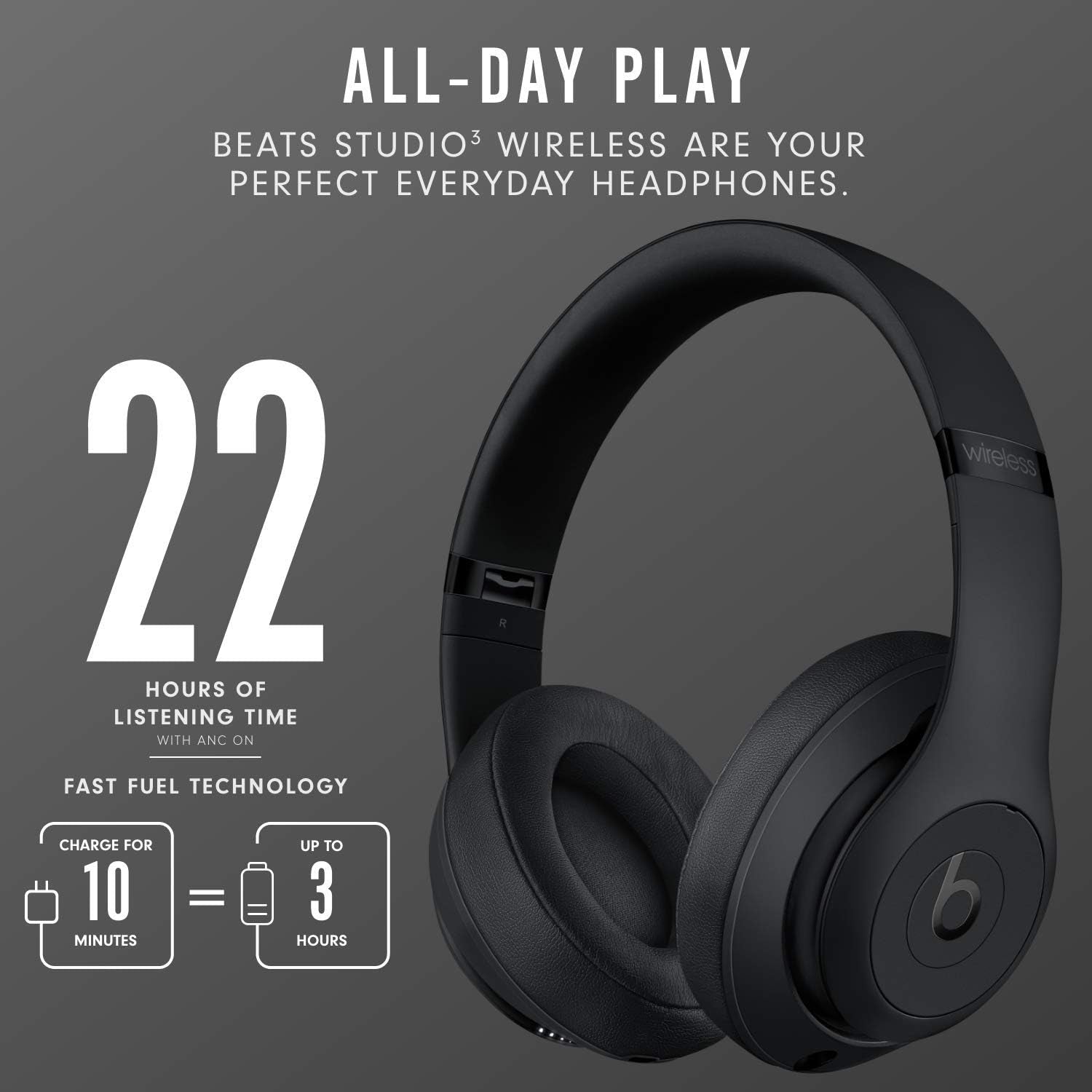 Beats Studio3 Wireless Noise Cancelling Over-Ear Headphones - Apple W1 Headphone Chip, Class 1 Bluetooth, Active Noise Cancelling, 22 Hours of Listening Time - Matte Black